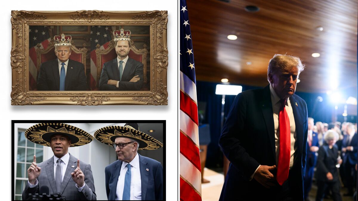 Doctored photo of Trump and JD Vance wearing crowns in a royal style portrait shared by the White House.