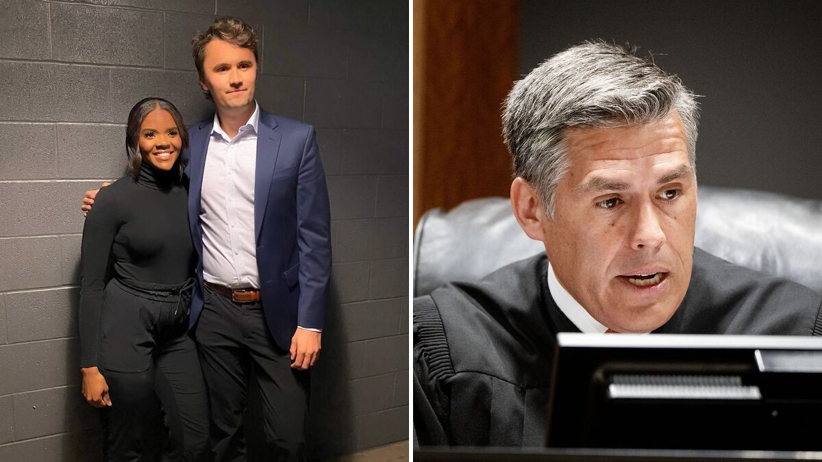 Candace Owens and Charlie Kirk pose together while a judge speaks in a courtroom setting during a legal case discussion.