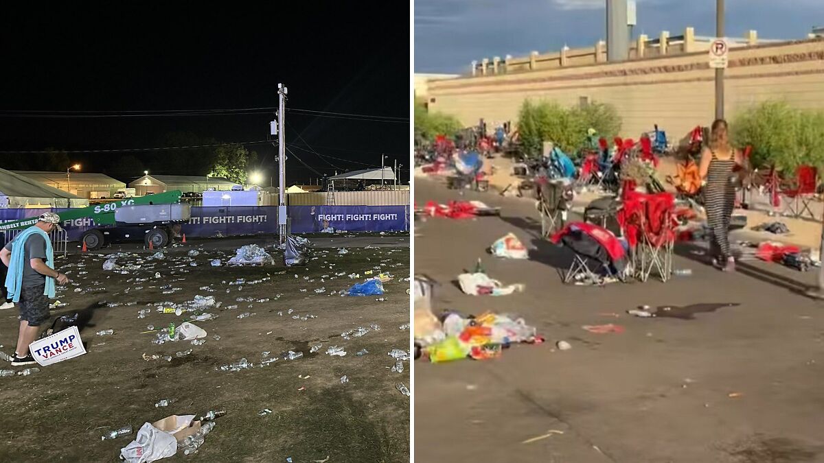 Trump rally mess with litter scattered on ground contrasted with No Kings protests showing scattered trash and empty chairs outdoors.
