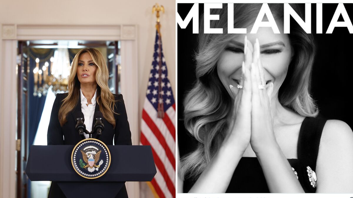 Melania Trump standing at a presidential podium with US flag beside a black and white photo of her in a meme coin context