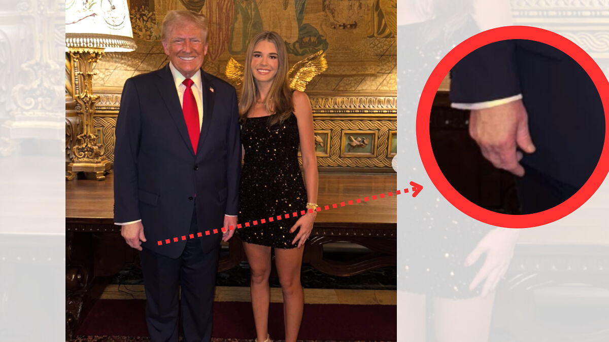 Donald Trump standing with granddaughter in elegant room, close-up highlights hand indicating possible old hand problems.