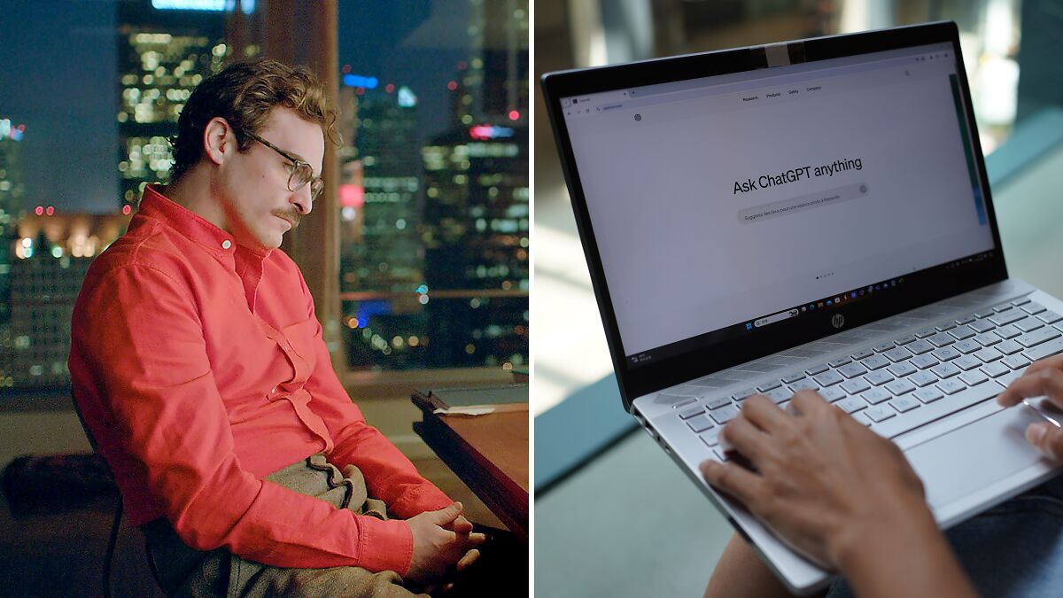 Man in red shirt reflecting by city window at night, next to laptop screen showing ChatGPT asking interface.