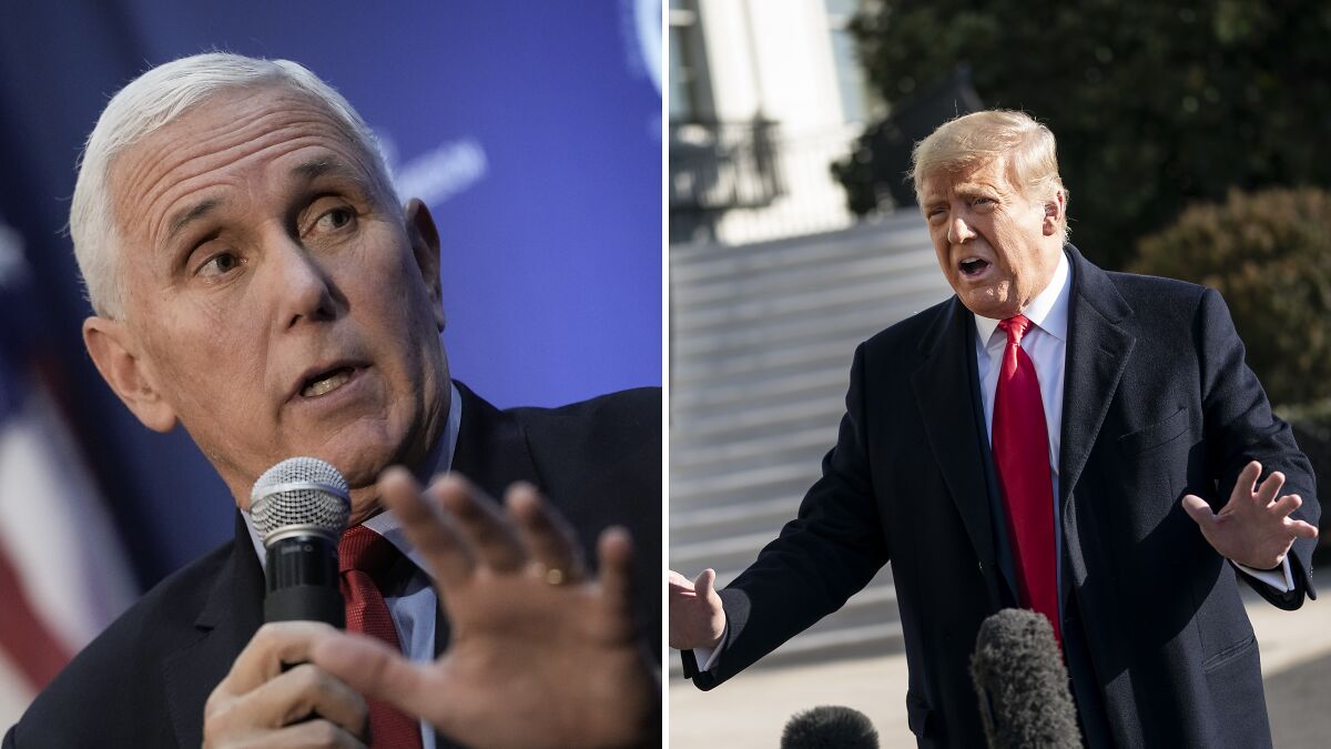 Split image showing Mike Pence speaking into a microphone and Donald Trump gesturing outdoors during a press event.