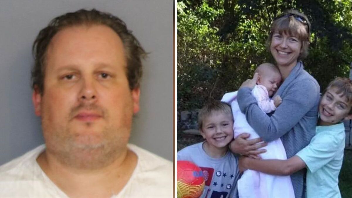 Mugshot of Florida man and family photo with mother holding baby and two smiling children outdoors in sunlight