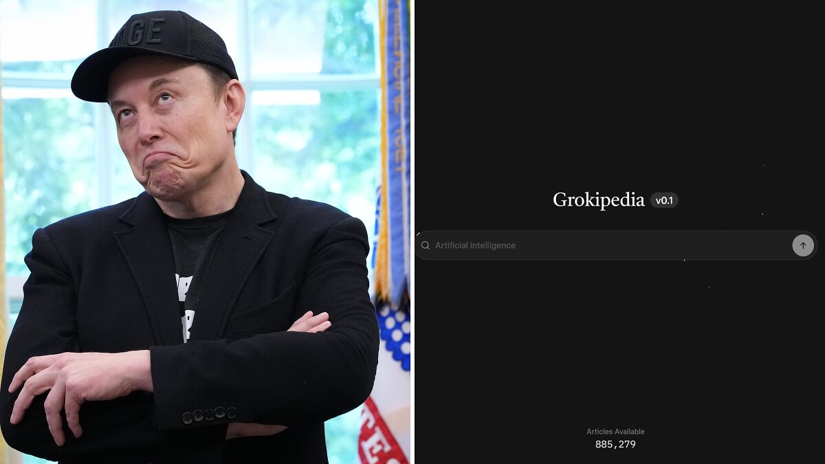 Elon Musk wearing a black cap beside the Grokipedia search page showing AI articles count near 900,000.
