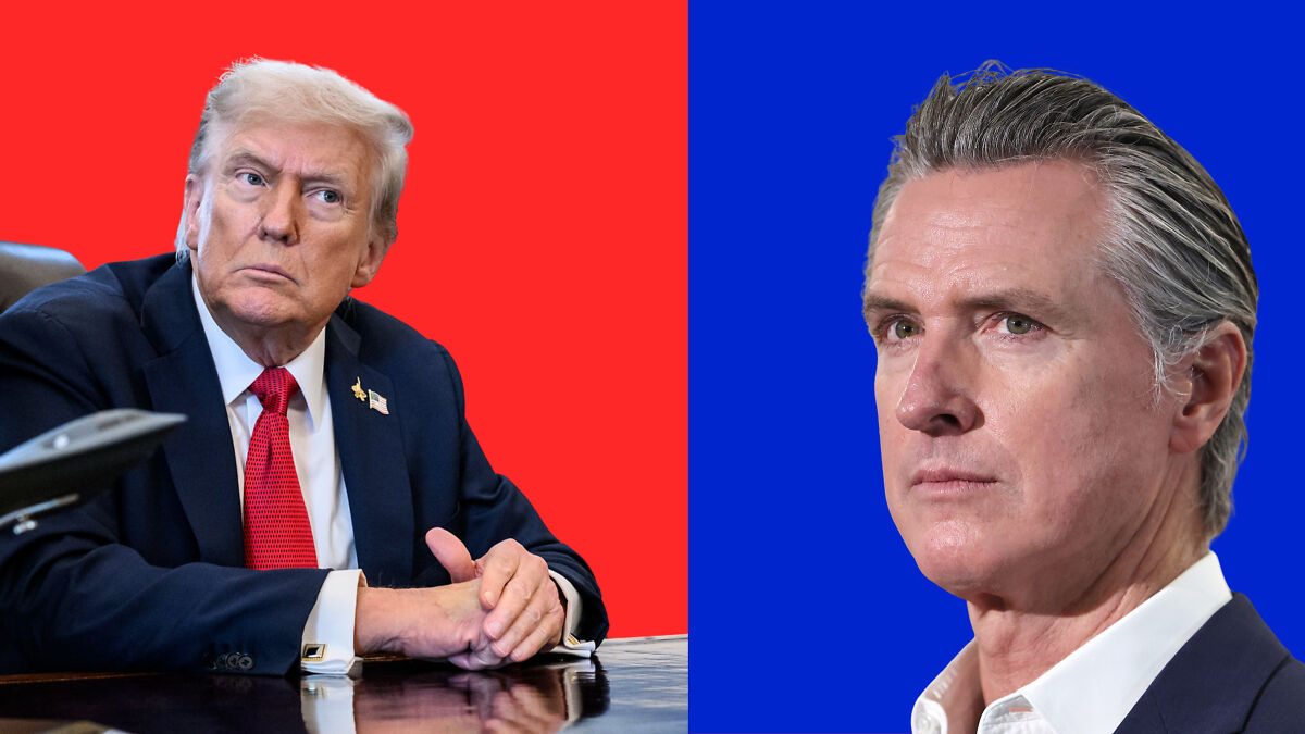 Donald Trump and Gavin Newsom in suits, contrasting red and blue backgrounds, representing political opposition.