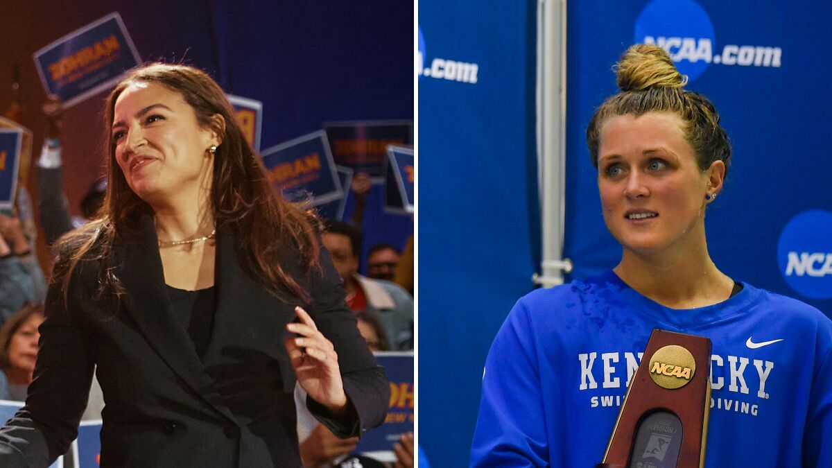 AOC appearing at an event and Riley Gaines holding an NCAA trophy in a split image highlighting viral tweet clash.