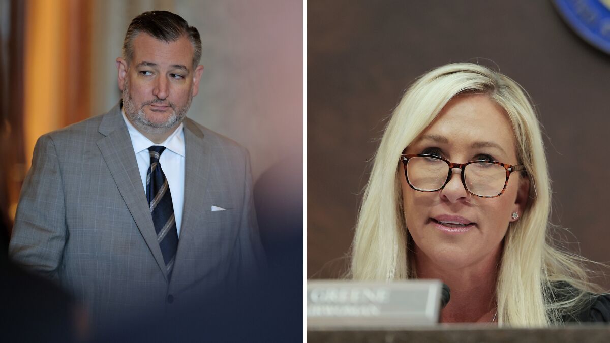 Ted Cruz in gray suit looking sideways, and Marjorie Taylor Greene with glasses speaking at a meeting.