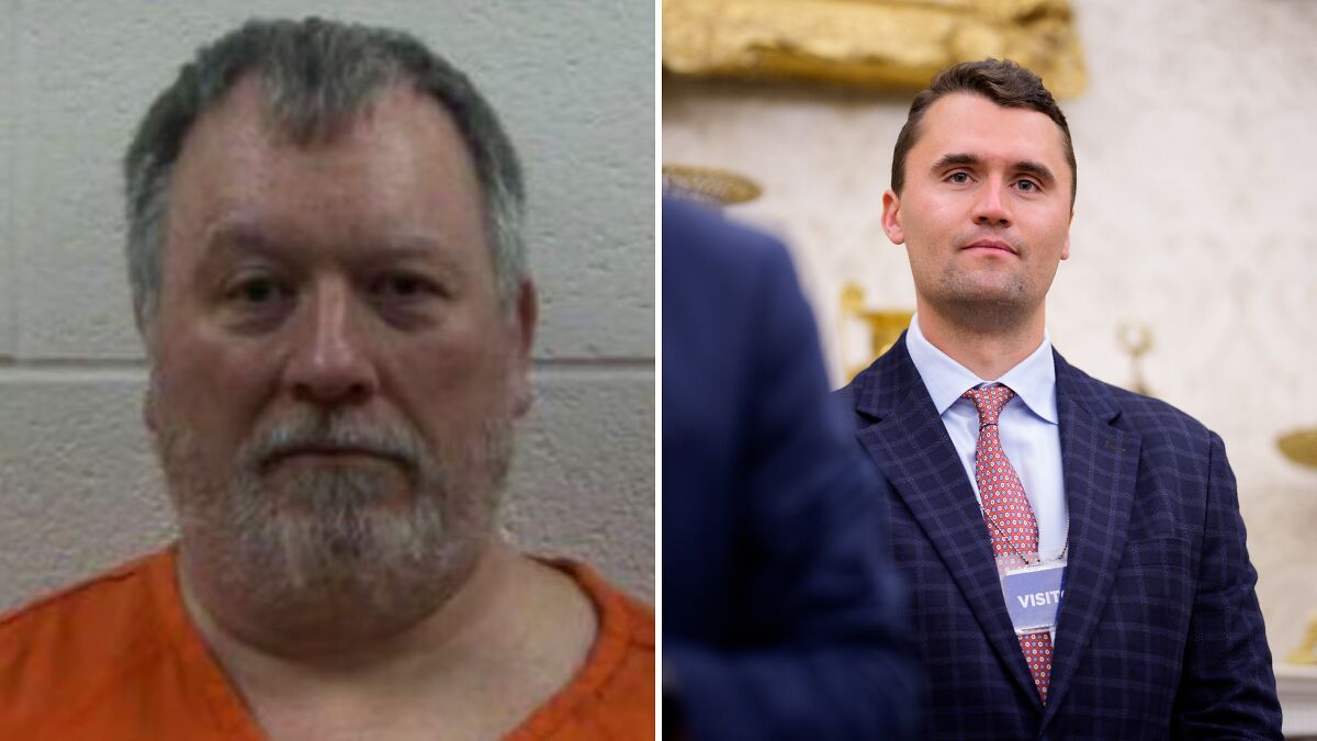 Mugshot of Tennessee man in orange jail uniform and portrait of man in suit at an event related to Trump meme case.