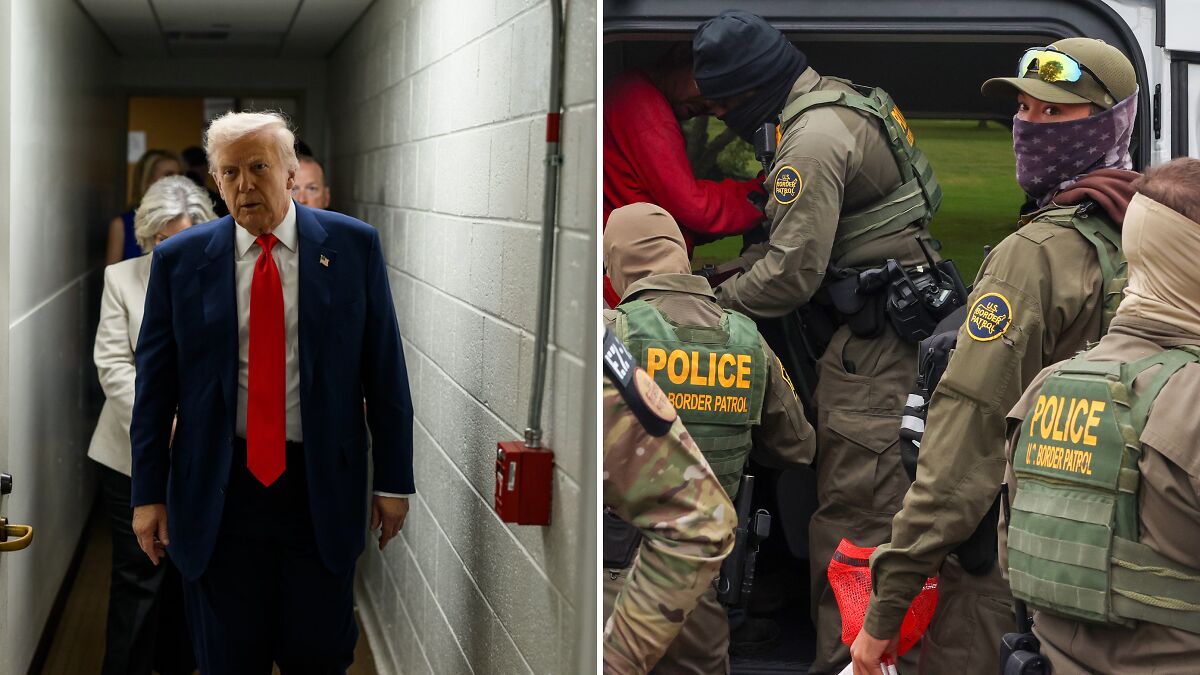 Former Trump employee walking down a hallway alongside a group and U.S. Border Patrol officers assisting a detainee by a vehicle.