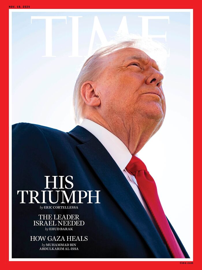 Donald Trump on a TIME magazine cover, looking upwards with hair appearing to blend into the sky like a floating crown.