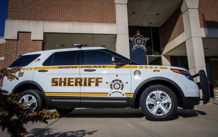 Boone County sheriff vehicle parked outside law enforcement building in Indiana related to shooting case. Boone County sheriff vehicle parked outside law enforcement building in Indiana related to shooting case.