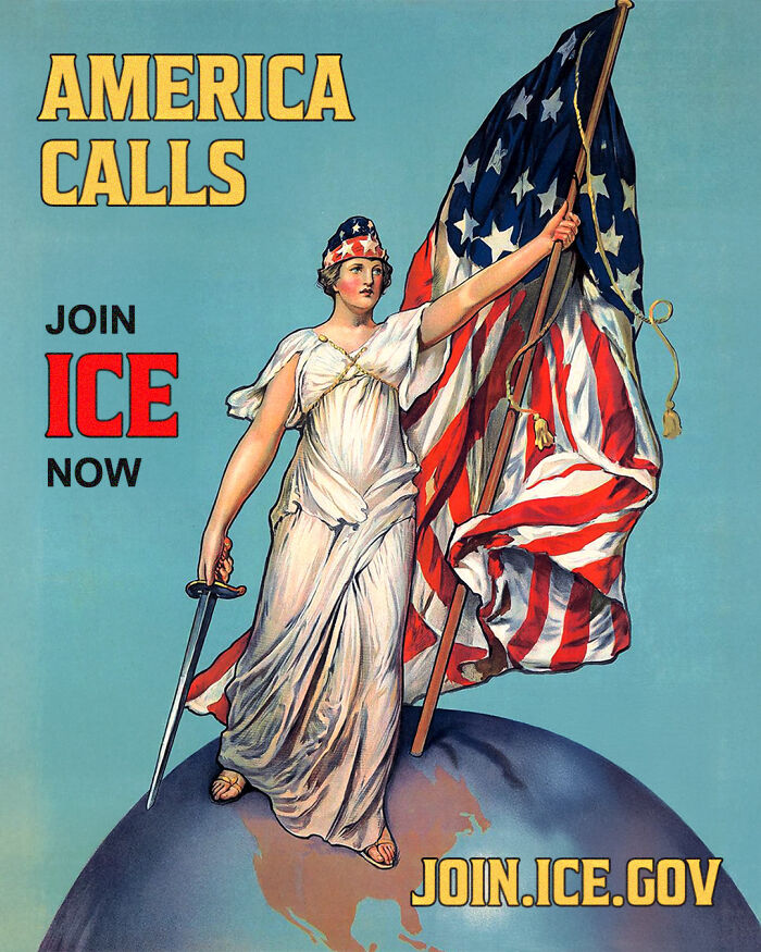 Vintage recruitment poster showing a woman holding an American flag and sword promoting ICE recruitment campaign. Vintage recruitment poster showing a woman holding an American flag and sword promoting ICE recruitment campaign.
