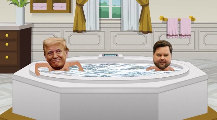 Animated scene from South Park showing Trump and JD Vance in a jacuzzi, highlighting an intimate therapy moment. Animated scene from South Park showing Trump and JD Vance in a jacuzzi, highlighting an intimate therapy moment.