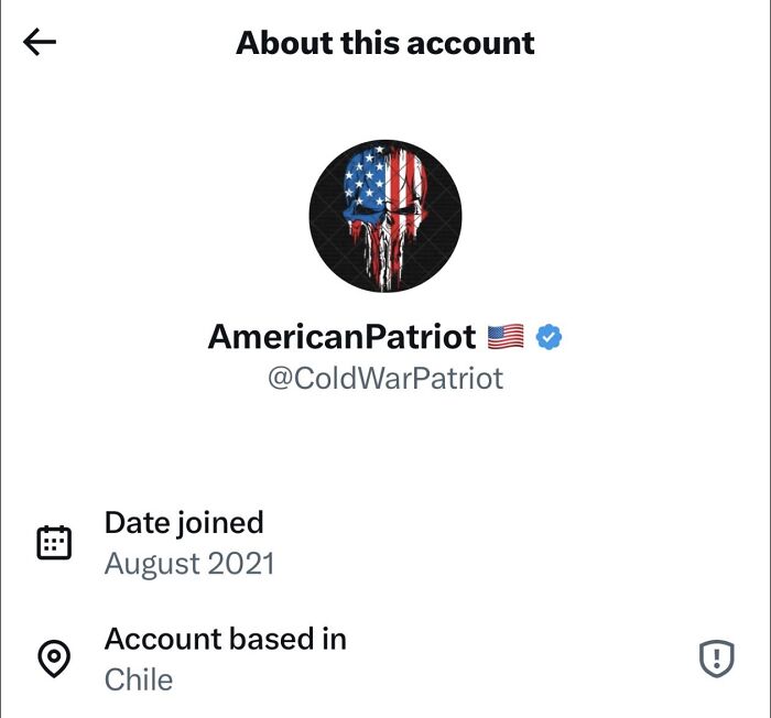 Profile of MAGA influencer account AmericanPatriot on X showing it is based in Chile and joined in August 2021. Profile of MAGA influencer account AmericanPatriot on X showing it is based in Chile and joined in August 2021.