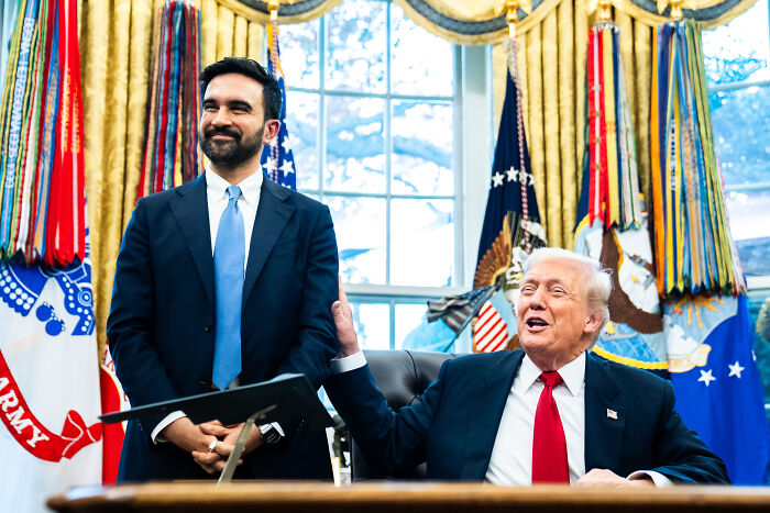 Zohran Mamdani with former President Trump inside the White House during an official meeting in the Oval Office.