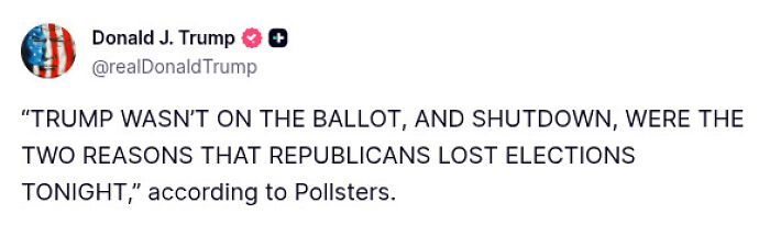 Tweet from Donald Trump criticizing reasons for Republican election losses, relevant to Zohran Mamdani NYC mayoral victory speech. Tweet from Donald Trump criticizing reasons for Republican election losses, relevant to Zohran Mamdani NYC mayoral victory speech.