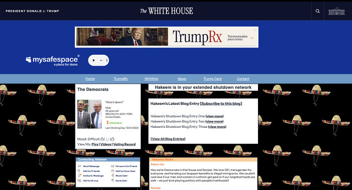 Screenshot of White House MySafeSpace page mocking Democrats with shutdown blogs and playful insults during shutdown spat Screenshot of White House MySafeSpace page mocking Democrats with shutdown blogs and playful insults during shutdown spat