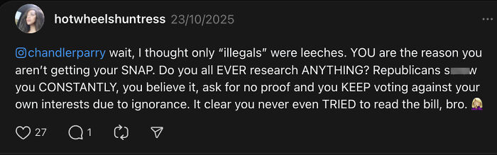Social media post criticizing MAGA son over mom needing SNAP benefits to afford Thanksgiving, sparking online backlash.