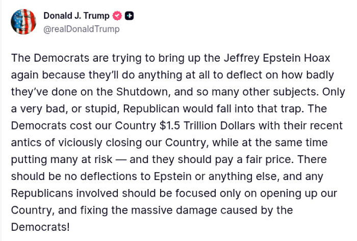 Donald Trump tweet criticizing Democrats referencing Jeffrey Epstein emails calling Trump a maniac with early dementia. Donald Trump tweet criticizing Democrats referencing Jeffrey Epstein emails calling Trump a maniac with early dementia.