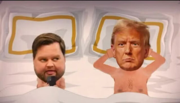 Animated South Park scene showing caricatures of Trump and JD Vance lying in bed during an intimate moment. Animated South Park scene showing caricatures of Trump and JD Vance lying in bed during an intimate moment.
