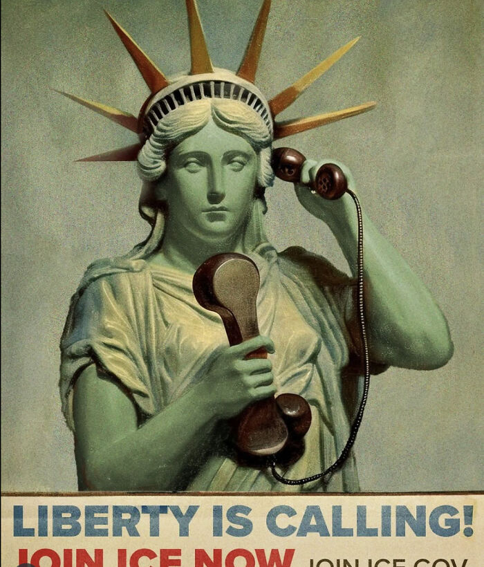 Statue of Liberty holding a vintage phone receiver in an unnerving fantasy inspired by ICE recruitment campaign. Statue of Liberty holding a vintage phone receiver in an unnerving fantasy inspired by ICE recruitment campaign.