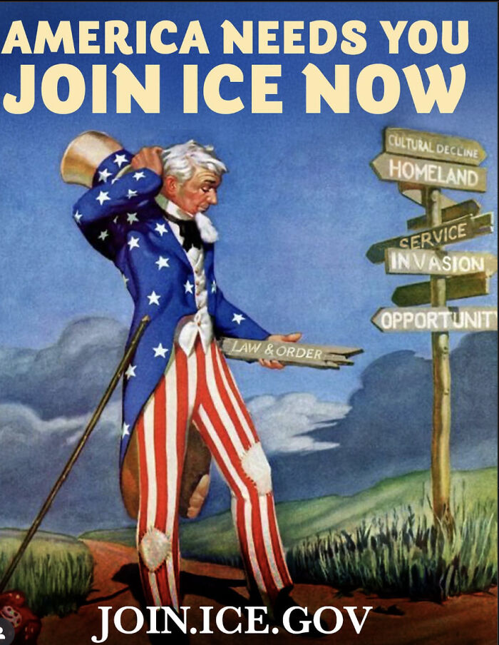 Uncle Sam in torn patriotic clothes holding law and order sign near confusing recruitment directional signs for ICE campaign. Uncle Sam in torn patriotic clothes holding law and order sign near confusing recruitment directional signs for ICE campaign.