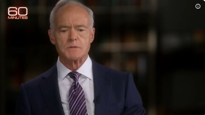 60 Minutes host in a suit and tie speaking during a recorded interview about on-camera guest struggles and fear of retribution. 60 Minutes host in a suit and tie speaking during a recorded interview about on-camera guest struggles and fear of retribution.