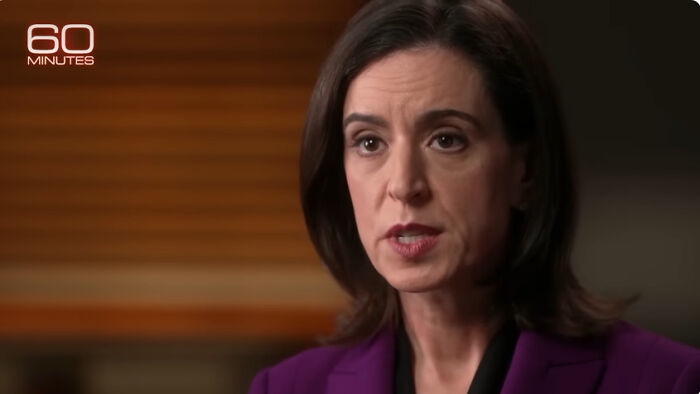 Female journalist from 60 Minutes wearing a purple blazer speaking in an indoor interview setting about on-camera guest struggles. Female journalist from 60 Minutes wearing a purple blazer speaking in an indoor interview setting about on-camera guest struggles.