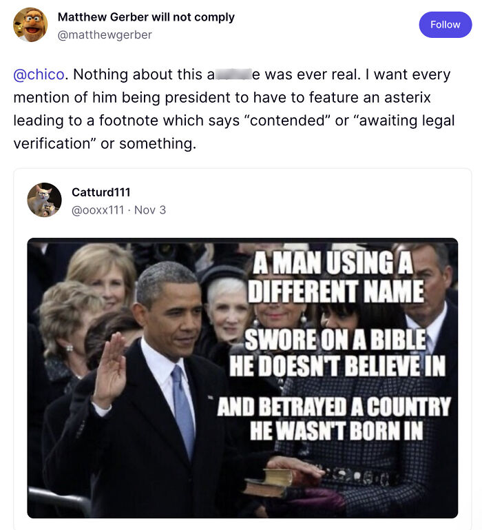 Twitter post showing a political meme of Obama with text that sparked Trump’s all-night rage posts about Obama alarm.