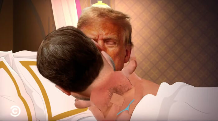 Animated scene from South Park showing an intimate Trump and JD Vance moment in a bedroom setting. Animated scene from South Park showing an intimate Trump and JD Vance moment in a bedroom setting.