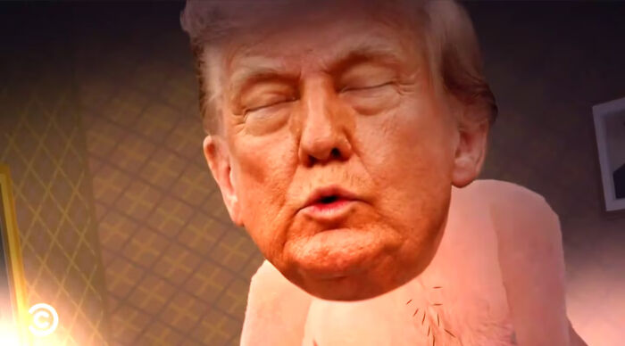 Animated scene from South Park featuring a large-headed Trump character in an intimate, shocking moment. Animated scene from South Park featuring a large-headed Trump character in an intimate, shocking moment.