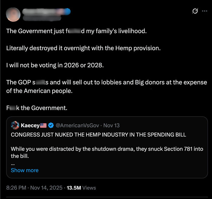 Social media post showing anger about government crushing family’s hemp industry income, with no pity expressed. Social media post showing anger about government crushing family’s hemp industry income, with no pity expressed.