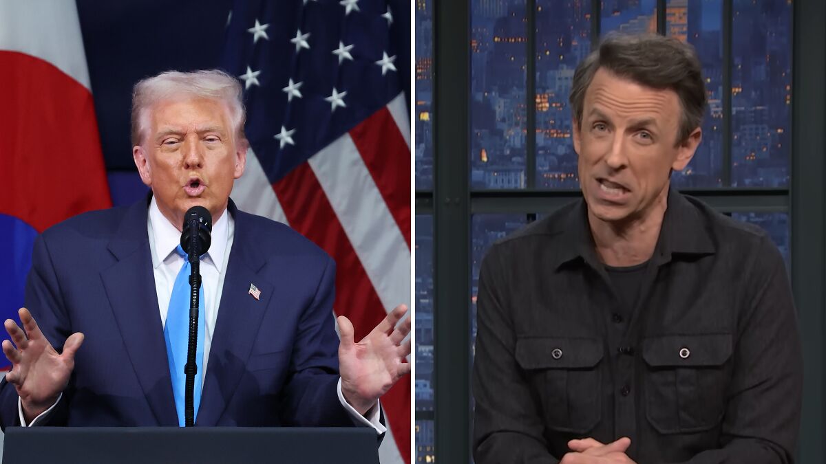 Donald Trump speaking at a podium with US flag, and Seth Meyers making a facial expression during a late-night show segment.