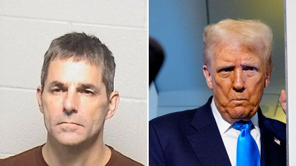 Illinois man accused in threatening Instagram clip shown in mugshot alongside serious Donald Trump in blue tie.