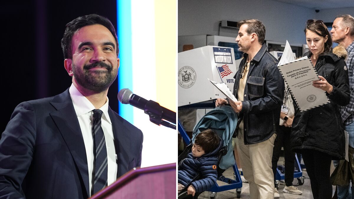 Man speaking at podium with microphone and people voting, illustrating Mamdaniu2019s popularity and Americansu2019 needs and wants.