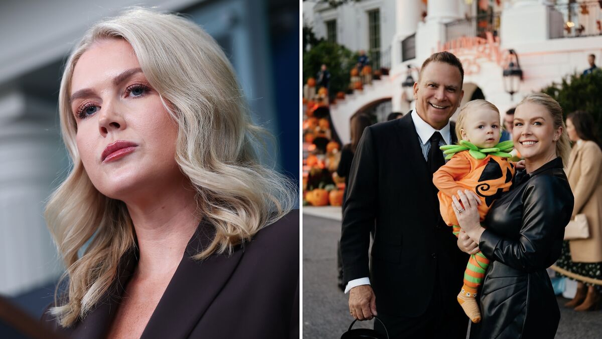 Karoline Leavitt in a candid moment, alongside her husband and child in Halloween costumes at a seasonal event.