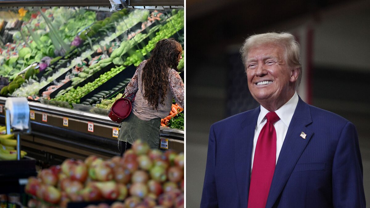 Woman shopping for produce in grocery store and smiling MAGA fan in suit and red tie at event