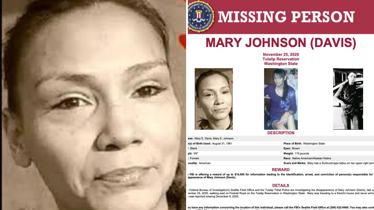 Missing Indigenous woman Mary Johnson with photos on FBI missing person poster from Tulalip Reservation Washington State.