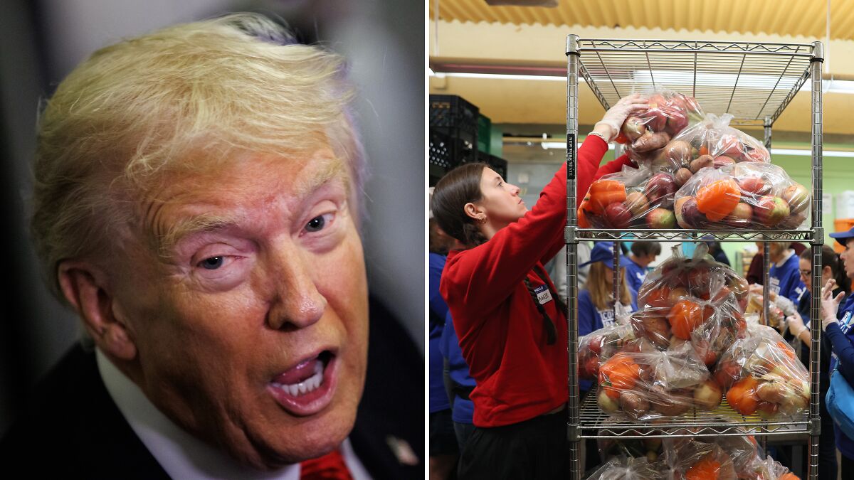 Split image showing Donald Trump speaking and volunteers organizing bags of food for SNAP benefits distribution.