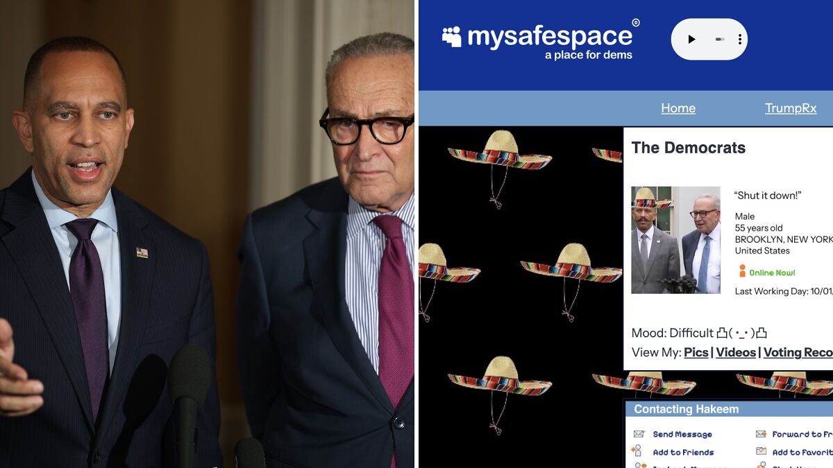 Two men in suits next to a mock MySafeSpace page trolling Democrats amid shutdown spat.