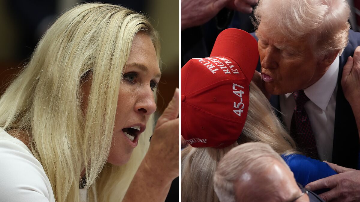 Marjorie Taylor Greene speaking passionately alongside Donald Trump greeting supporters at a public event.