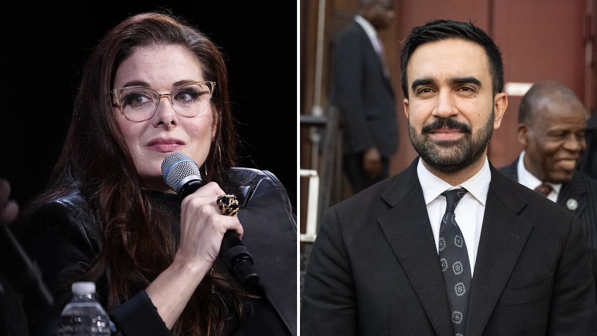 Debra Messing speaking into a microphone and Zohran Mamdani in a suit, both shown in separate side-by-side images.