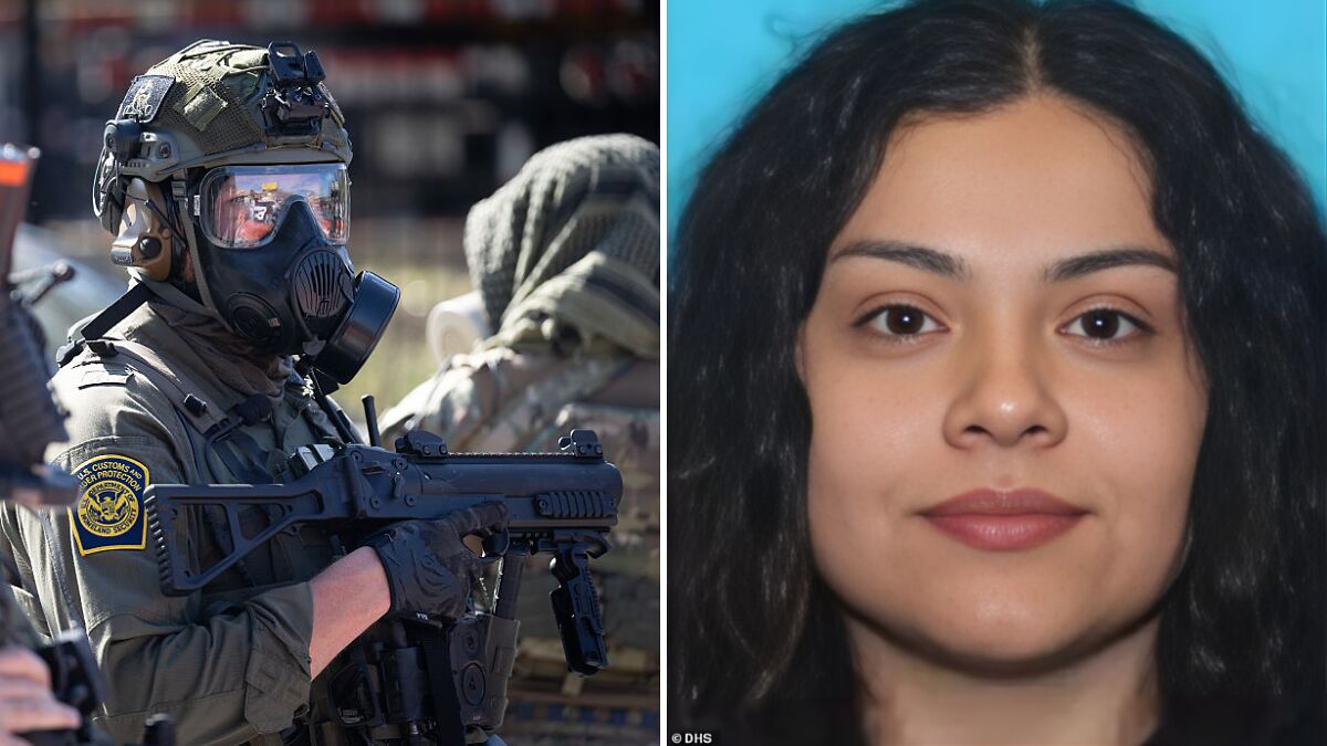 Federal agent in tactical gear holding a weapon beside a portrait of a Chicago woman, related to shooting case.