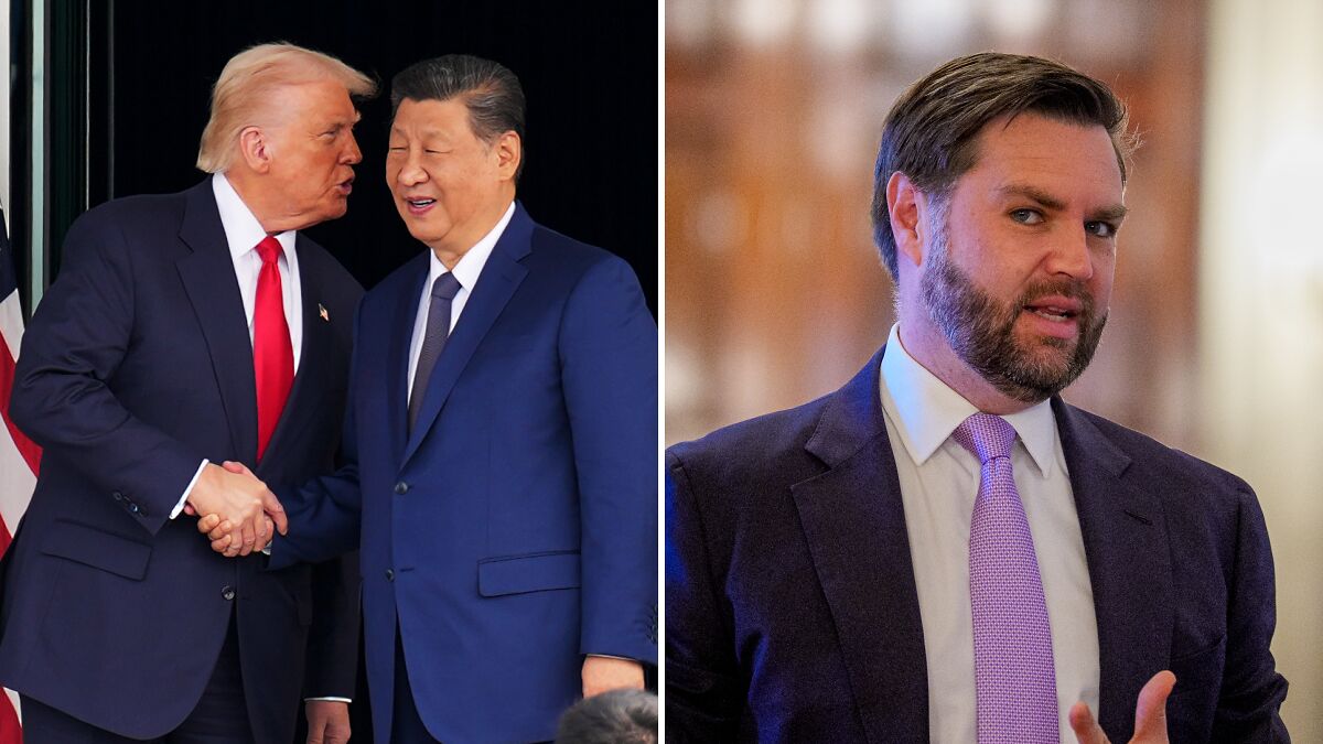 Donald Trump shaking hands with Xi Jinping, alongside JD Vance in a suit and tie speaking indoors.
