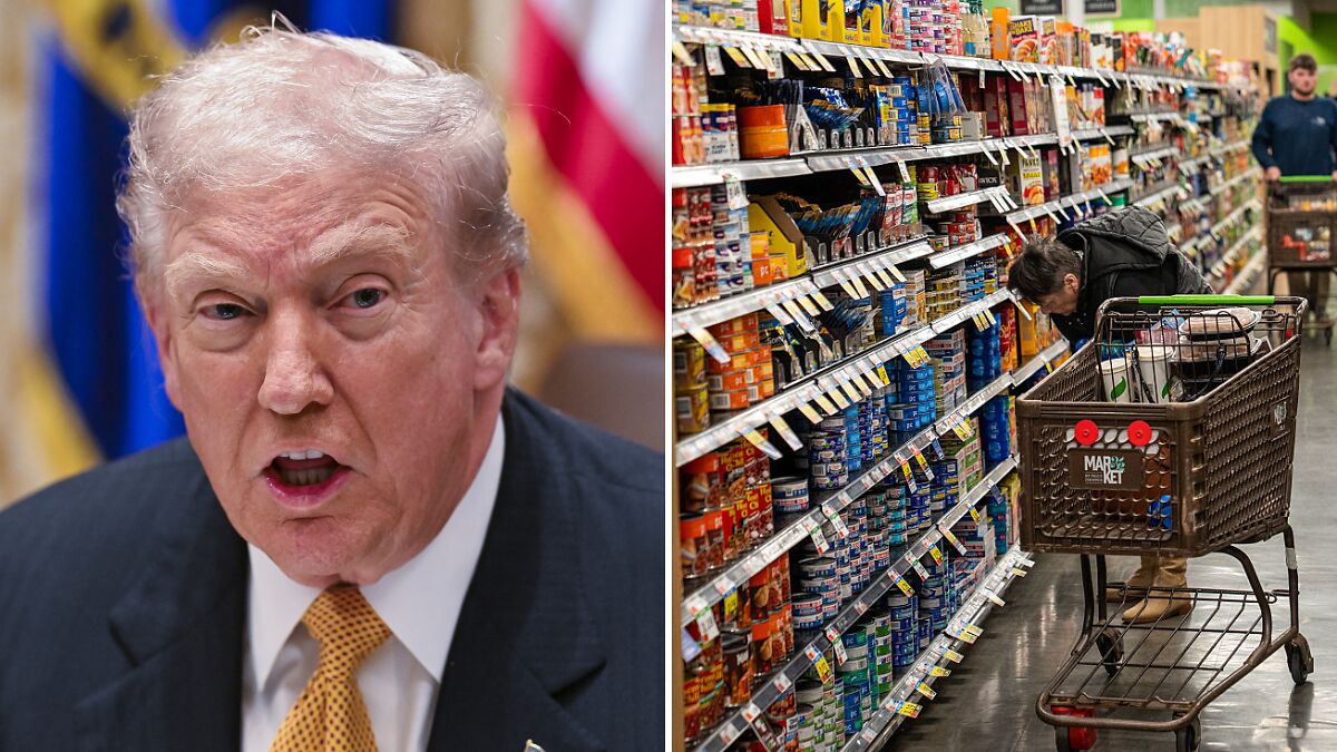 Former President Trump speaking emphatically next to a shopper browsing grocery store shelves amid rising grocery prices.