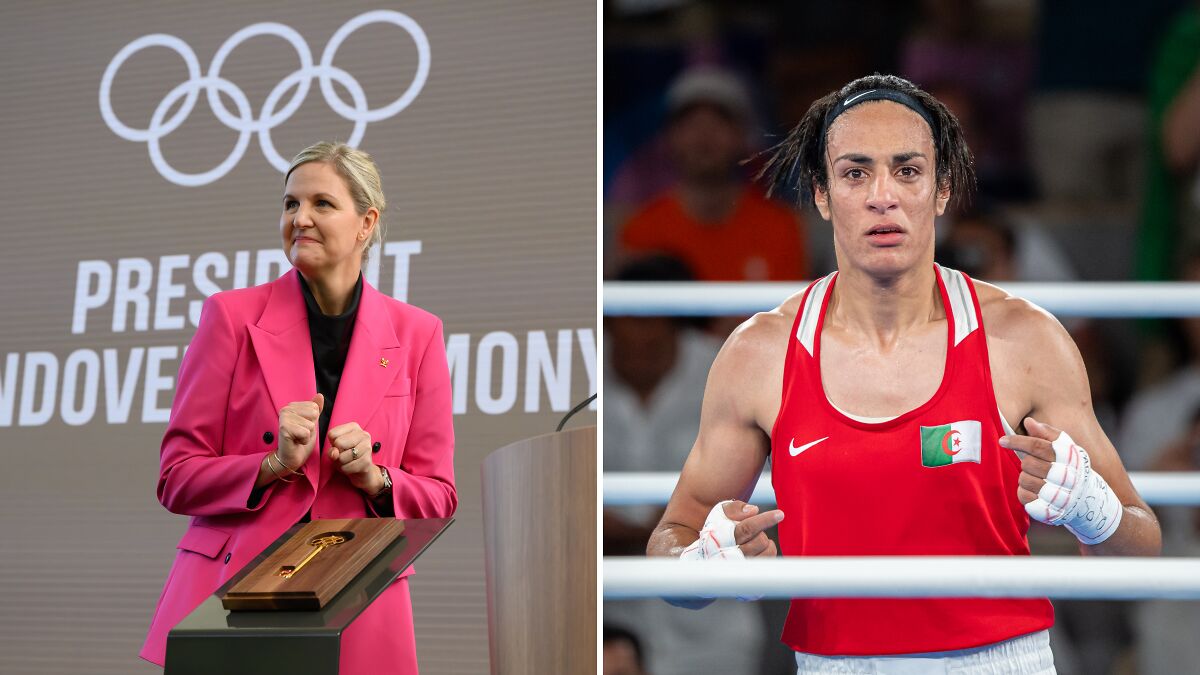 Olympics official at podium and boxer in ring illustrating ban on transgender and DSD competitors in Olympics policy changes