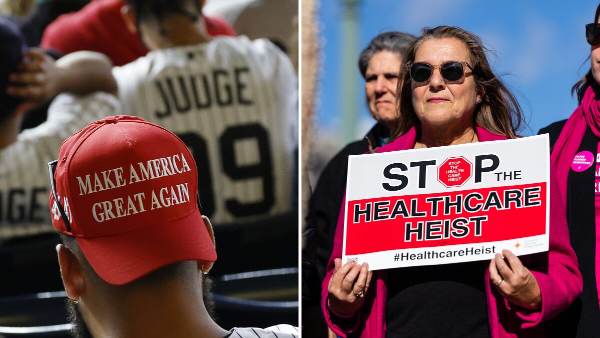 Person wearing a red MAGA hat next to a woman holding a sign protesting healthcare heist during a political demonstration.