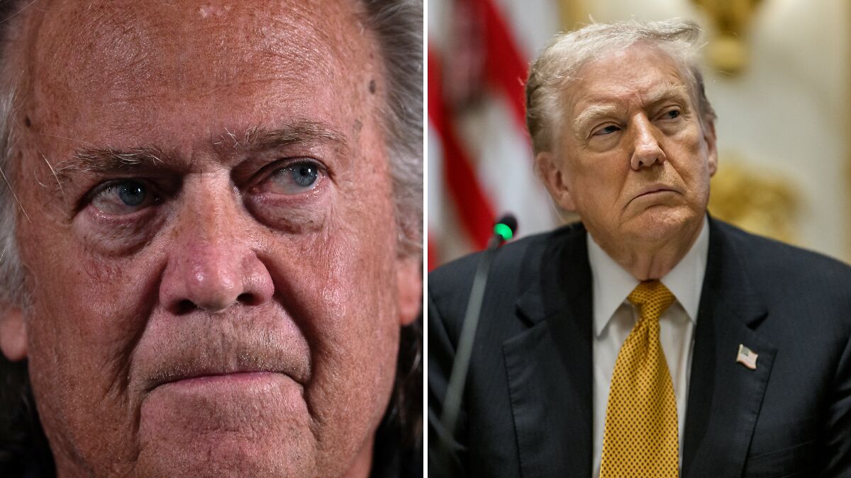 Steve Bannon and Donald Trump in separate portraits, with serious expressions amid political tensions.