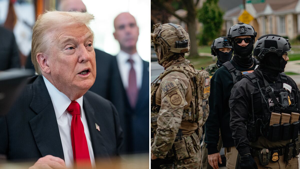 Donald Trump speaking in a suit and red tie beside federal officers and troops in tactical gear in a Chicago neighborhood.